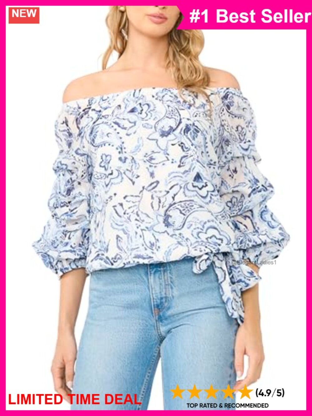 Off the Shoulder Paisley Bubble Sleeve Blouse Mock Neck Long Sleeve Top